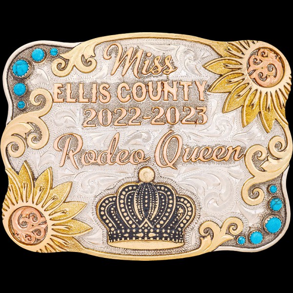 Our beautiful Ellis Custom Belt Buckle features sunflower corners on a natural German Silver base with hand engraving. Customize this buckle for the next rodeo queen!